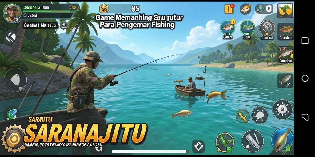 Screenshot utama SARANAJITU yang menampilkan aksi memancing yang seru.